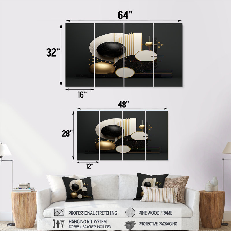Zen Spheres Balance Gold and Black - décoration murale géométrique 4 pièces, H 32 po x l 64 po
