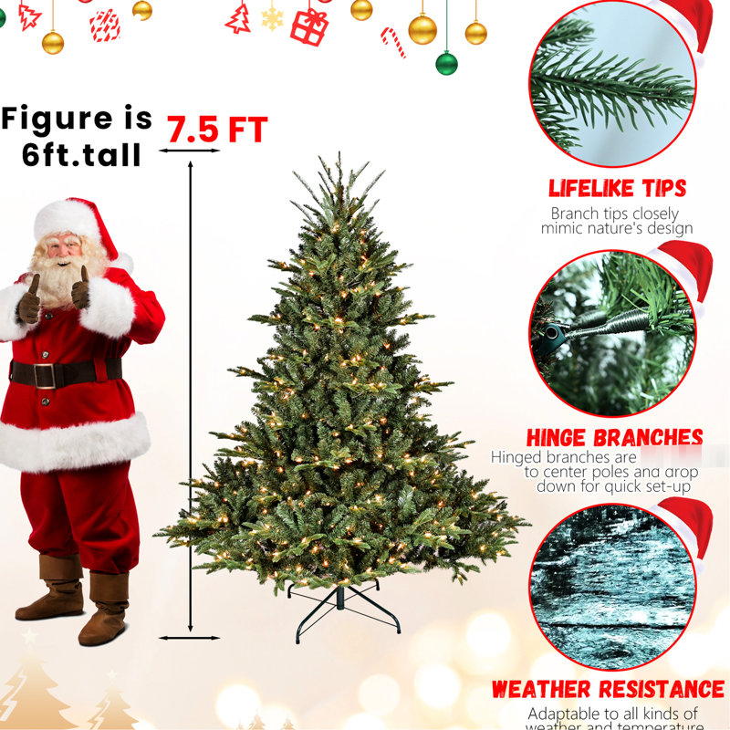 Arbre de Noël de 90 pouces avec 850 lumières Ul blanc chaud, 2441 pe / extrémités, base large pour les décorations de centre de table, support en métal stable