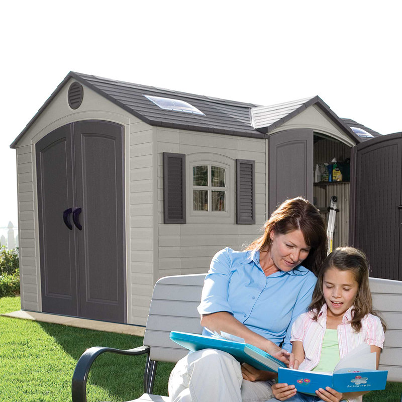 Beige Dual Entry 15' x 8' Outdoor Storage Shed with Windows
