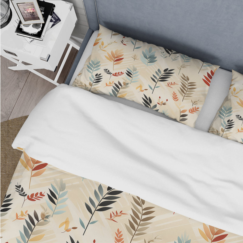 Ensemble de housse de couette floral beige doux et brun avec motif de fougères