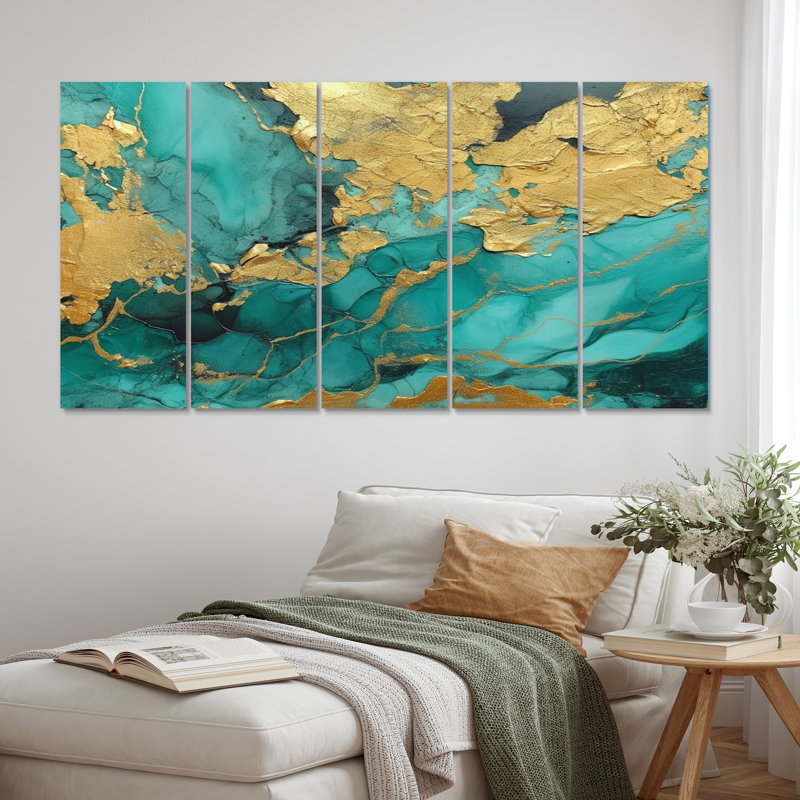 «Blue Watercolor Impression With Gold II», reproduction sur toile - 5 panneaux égaux