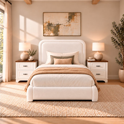 3-Piece Bedroom Set, Curved Boucle Upholstered Bed & 2 Farmhouse Nightstands with Storage