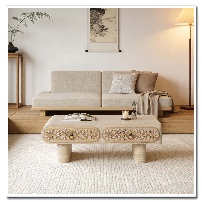 Table basse à bord arrondi avec tiroir en bois massif à motif floral