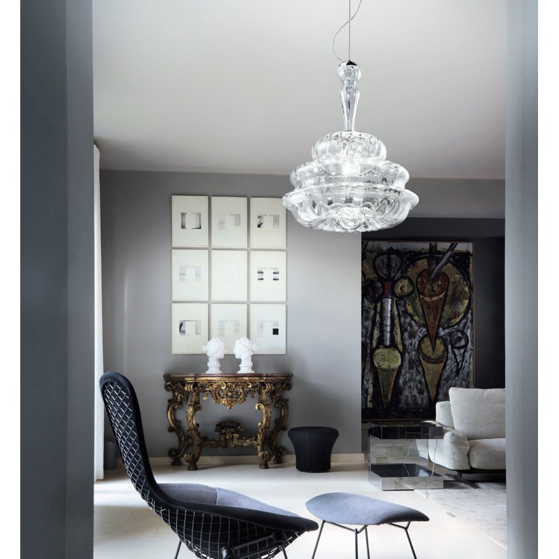 Novecento Suspension M Crystal Striped Glass Glossy Chrome E26 Ul, 101" H x 17" W x 17" D, Crystal Striped Glass