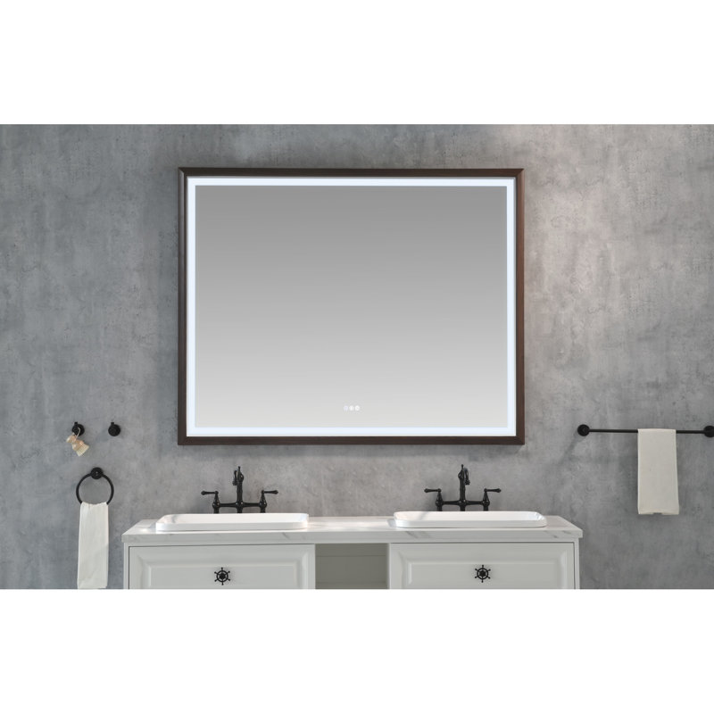 Miroir de salle de bain 60 po x 48 po à DEL avec cadre en aluminium, 3 couleurs changeantes, gradation continue, brun, bel ajout au brouillard mural, options, contrôle de la luminosité, surface, adapté