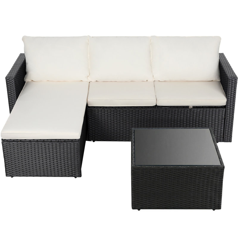 Ensemble de canapé d'extérieur 3 pièces avec table en verre, Kaki