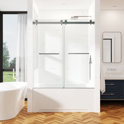  44-49" W x 60" H Frameless Double Sliding Tub Door, 3/8" (10mm) SGCC Clear Tempered Glass with R5 Beveled Edge, Shatter-Resistant Anti-Explosion Film, Easy-Clean Coating & Installation Hole Locator