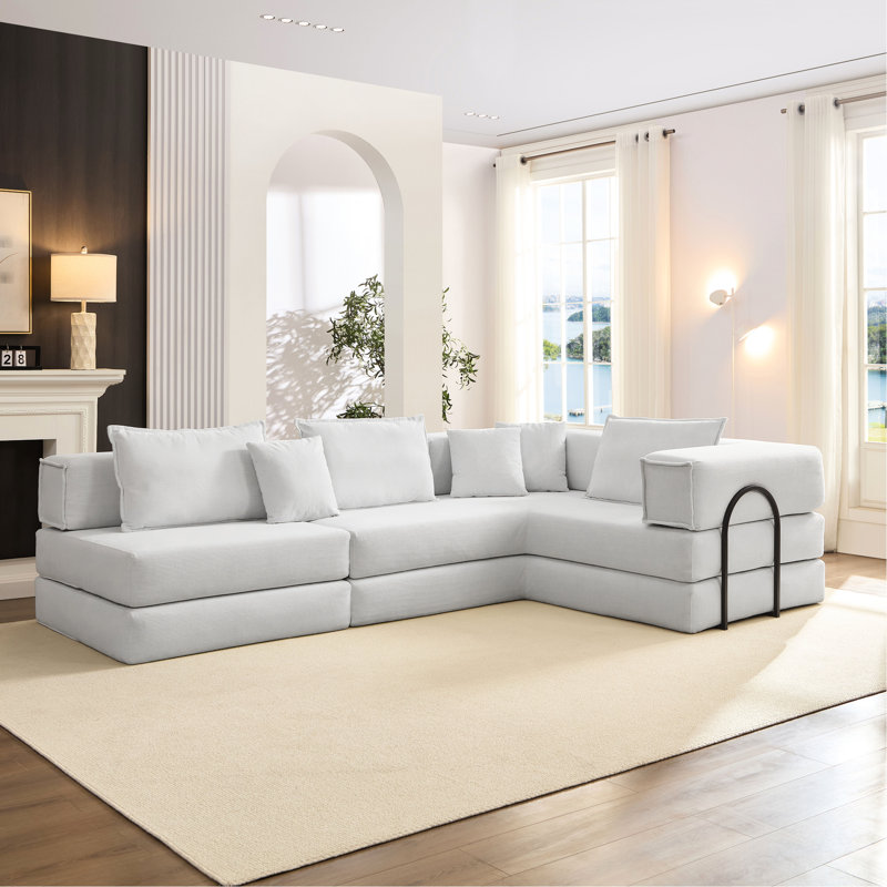 Canapé modulaire surdimensionné, velours côtelé blanc, composants amovibles, 6 coussins, confortable en forme de L en mousse haute densité, tissu respirant, assemblage rapide et facile