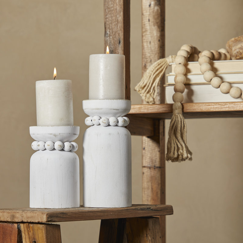 Ensemble de porte-bougie en bois, Blanc, H 6,1 po x l 3,7 po x P 3,65 po