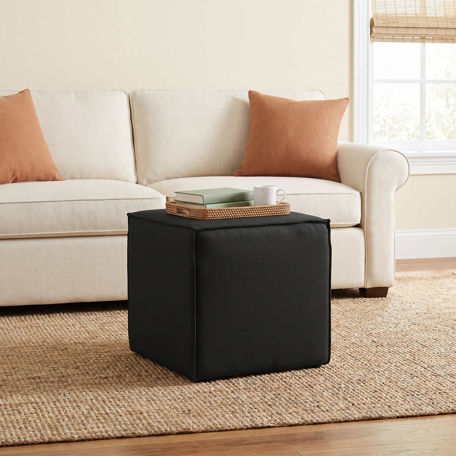 Tillie Upholstered Pouf, Classic Black Linen