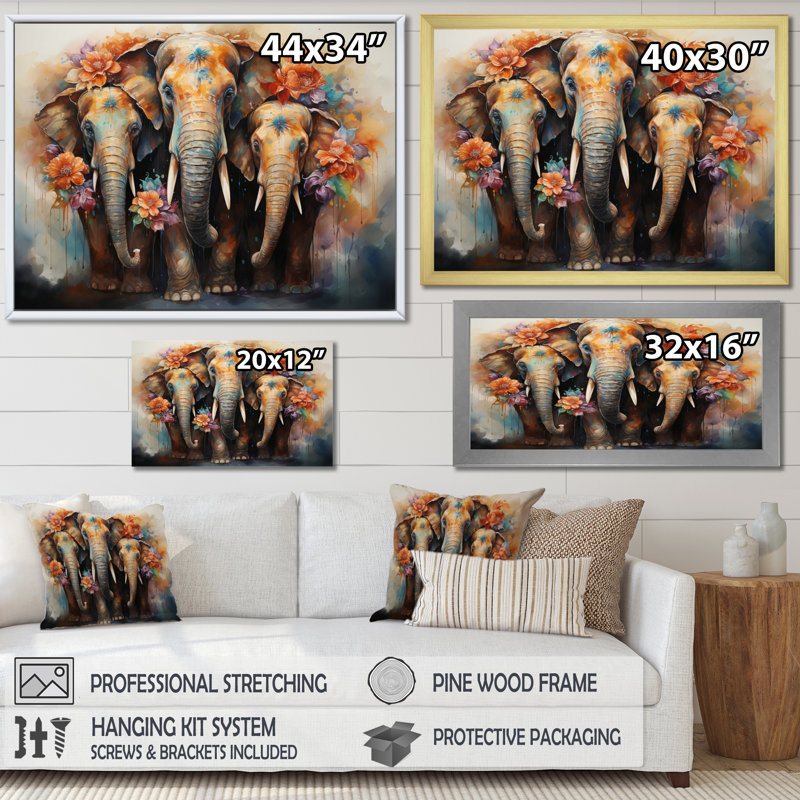 Art asiatique, éléphants thaïlandais - impression, Cadre photo argenté, H 16 po x l 32 po x P 1 po