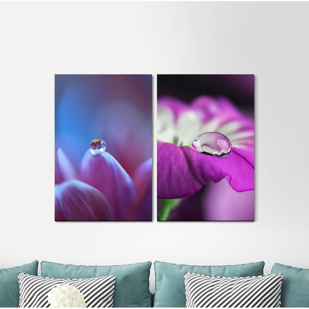 2-tlg. Leinwandbilder-Set - Grafikdruck „Orchid Water Pearl Pink Blue Flower Harmonious Delicate”