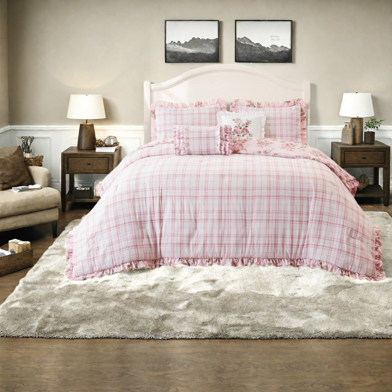 Ensemble de literie King, couette en microfibre rose à fleurs avec taies d'oreiller à volants