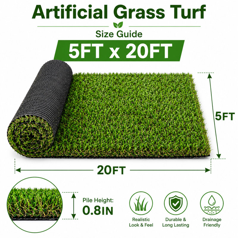 Tapis de gazon artificiel 5 pi x 20 pi avec une hauteur de poils de 0,8 po pour le patio et le balcon
