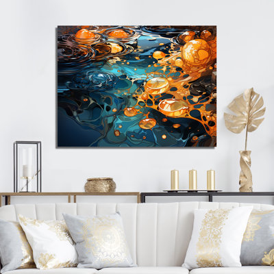 «Orange Orange and Blue River Serene Journey III», art mural abstrait à l'encre liquide