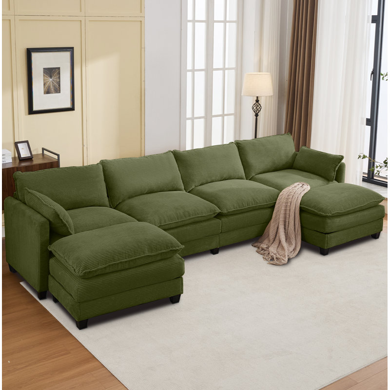 133" Corduroy 4-Seater Sectional Sofa With 2 Movable Ottomans, Modular Design, Green Corduroy