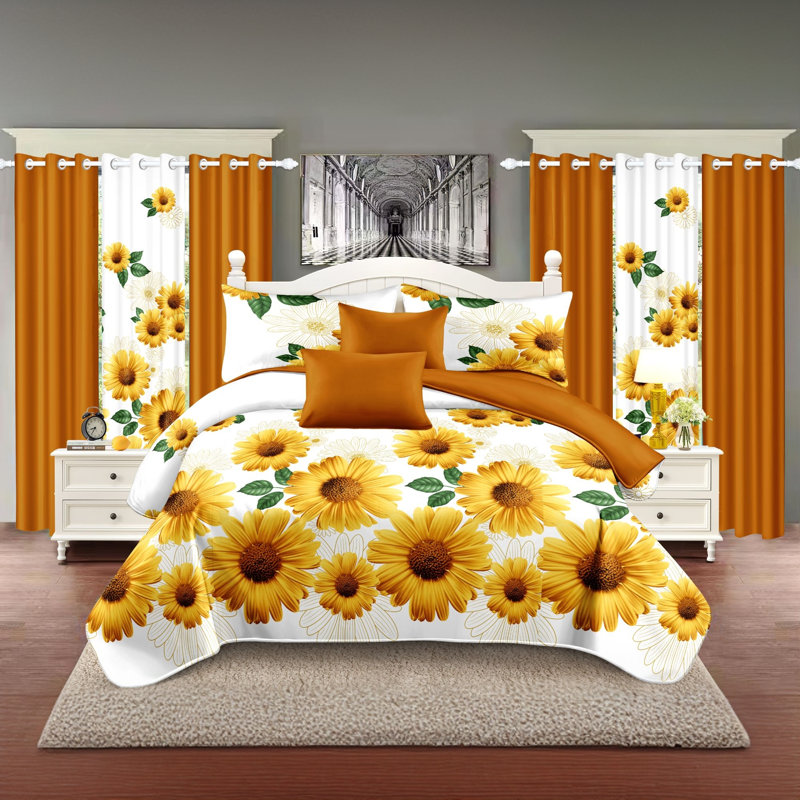 Ensemble de 9 pièces comprenant un couvre-lit et des rideaux matelassés blancs et jaunes à motifs de marguerites, avec 6 panneaux indépendants filtrant la lumière.