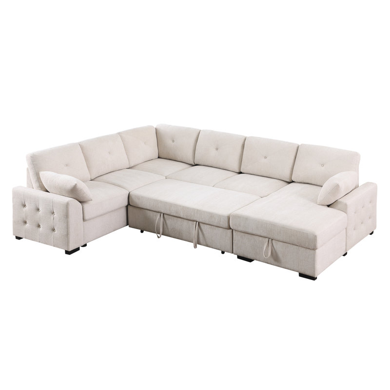 Canapé modulaire gris foncé en L capitonné avec lit escamotable et méridienne avec rangement beige