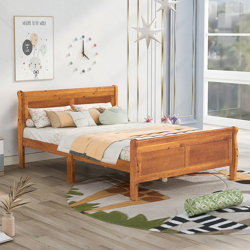 Lit plateforme en bois avec tête de lit et lattes en bois, Lit double, Chêne