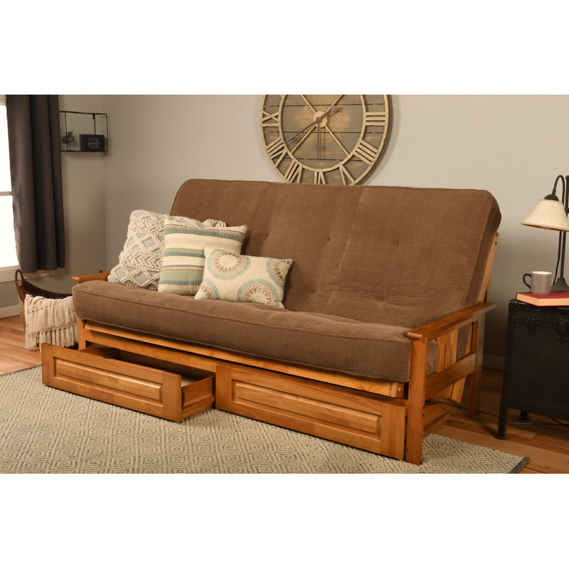 Stratford 86" Queen Futon and Mattress with Drawer set, Butternut, Marmont Mocha , Premium Pocket Coil
