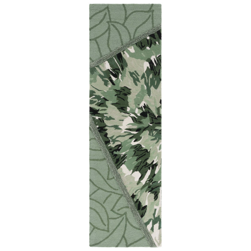 Tapis vert en laine touffeté à la main Tilleigh, Tapis de couloir 2 pi 3 po x 8 pi