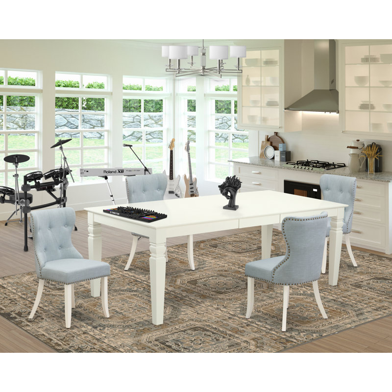 5 Piece Dinette Set Includes a Rectangle Dining Room Table with Butterfly Leaf and 4 Baby Blue Linen Fabric Parson Dining Chairs, Linen White