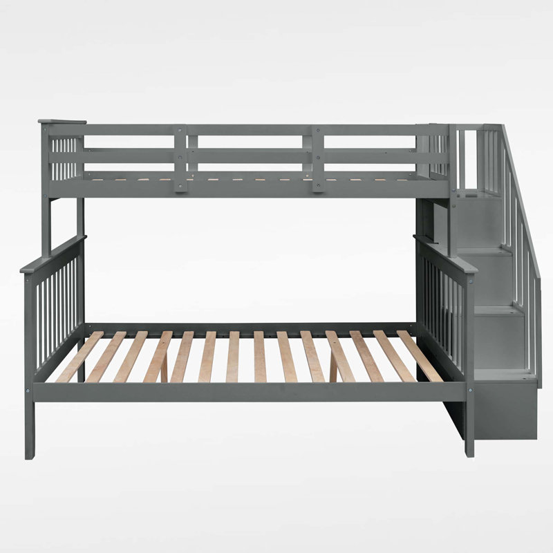 Veyra Twin Over Full Bunk Bed With Storage Stairs, Gray