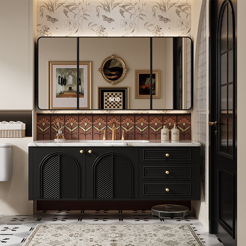 Retro French style bathroom cabinet, Black, 19.69" H x 55.12" W x 19.69" D