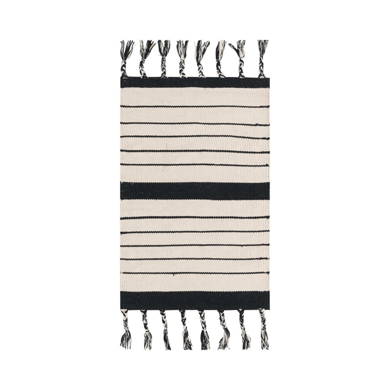 Tapis noir / blanc en coton tissé à la main Chindi, Rectangle 2 pi x 3 pi 1 po