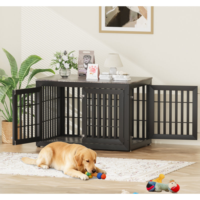 Meuble pour chien robuste de 48 po pour petits, moyens et grands chiens, mobilier d'intérieur rustique en bois pour cage de chenil avec dessus imperméable, table d'appoint décorative pour animal de compagnie (noir et gris)