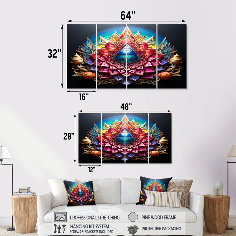 Ensemble de 4 pièces d'art mural géométrique cosmique arc-en-ciel à motif géométrique Boho Mandala, H 28 po x l 48 po