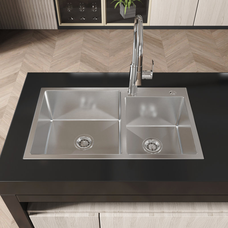Évier de lave-vaisselle encastré 32 po x 19 po x 10 po, acier inoxydable, revêtement satiné et acier inoxydable S304 à double cuve silencieuse, finition à la décoloration, guide d'installation facile