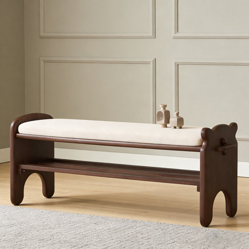 Banc à chaussures en bois massif avec coussin en similicuir - Banc de rangement pour hall d'entrée en bois d'hévéa à 2 niveaux