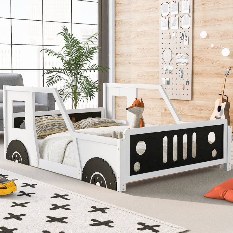 Lit plateforme double en forme de voiture avec roulettes pour lit double, blanc