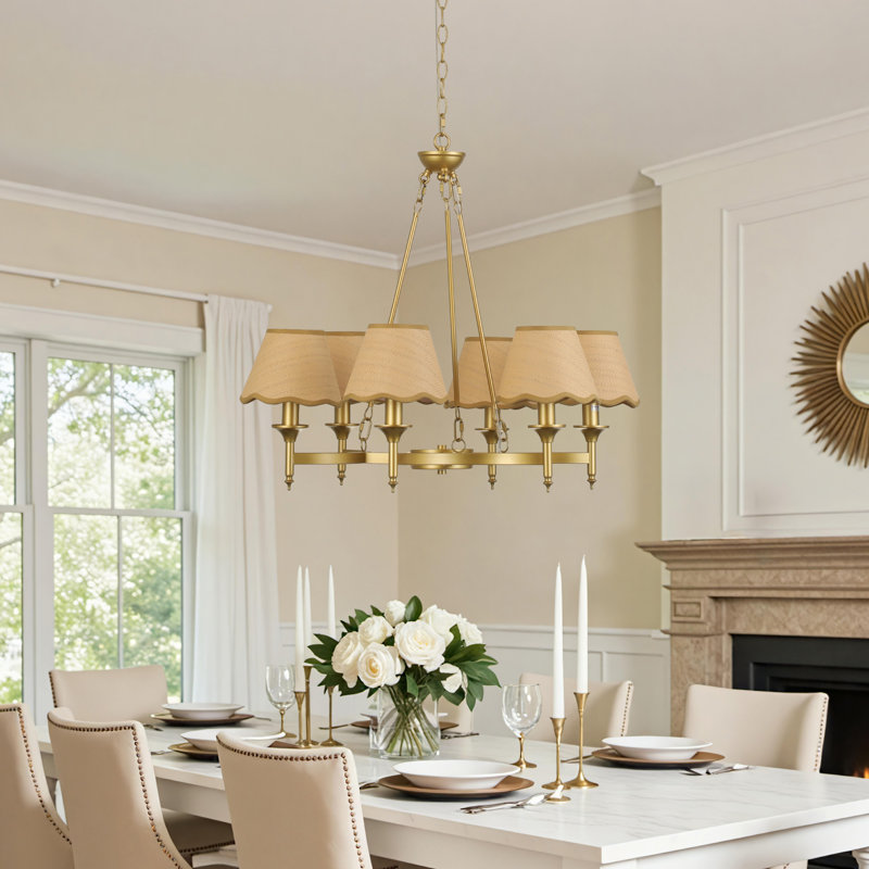 6-Light Dimmable Traditional Chandelier with Scalloped Fabric Shades, Adjustable Height for Dining Room & Kitchen Island (Set of 2)
