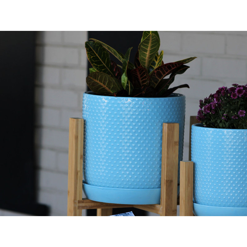 Pot cylindrique à pois avec soucoupe intégrée, pot moyen en céramique émaillée (lot de 6) - Intérieur/Extérieur