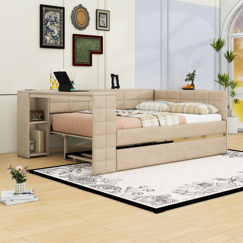 Upholstered Full Wood Platform Bed with Twin Trundle, Shelves, Desk and Charging Station, Beige