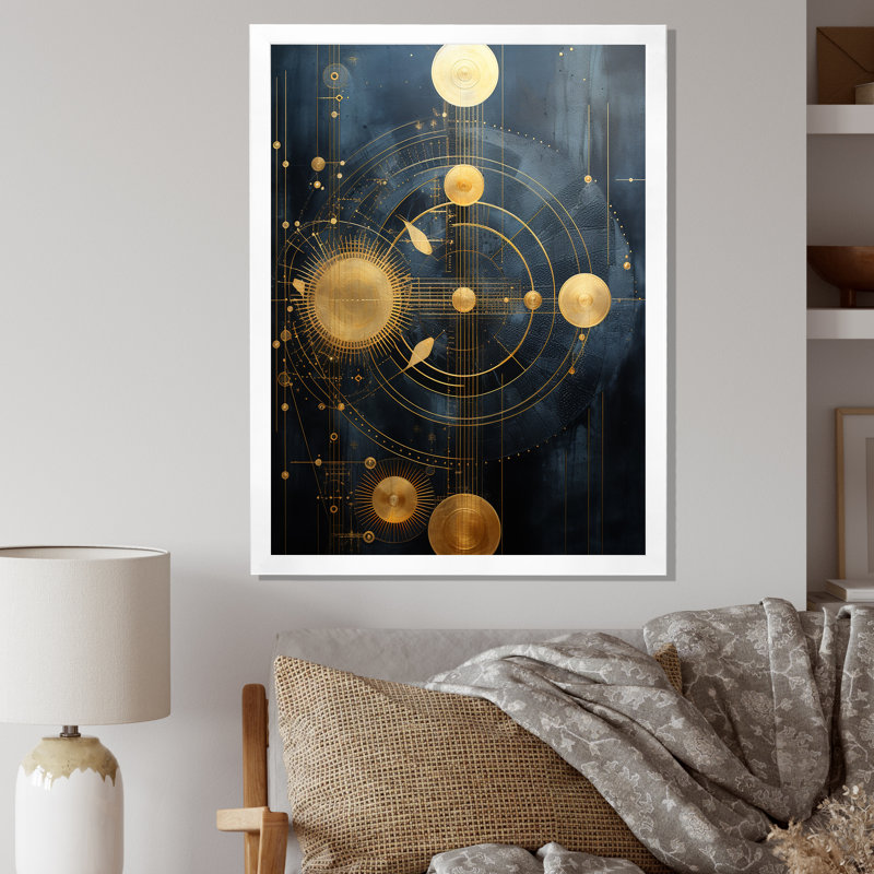 Ancienne sagesse d'Atlantis, rétro géométrie dorée sur toile, H 32 po x l 16 po x P 1 po, Cadre simple blanc