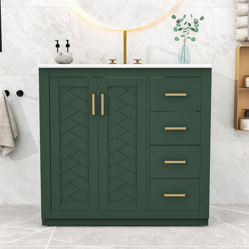 Meuble-lavabo de salle de bain avec lavabo en céramique, 3 tiroirs et armoire à portes à fermeture douce, Vert