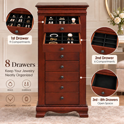 38.58" Tall Wooden Jewelry Armoire With 8 Drawers, Vintage Brown Finish, Storage Cabinet For Rings, Necklaces, And Accessories