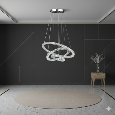 Lustre en cristal moderne de taille moyenne à DEL avec un design à trois anneaux, en acier inoxydable et finition blanc pur, avec gradation télécommandée et hauteur réglable de 11,8 à 47,2 pouces.