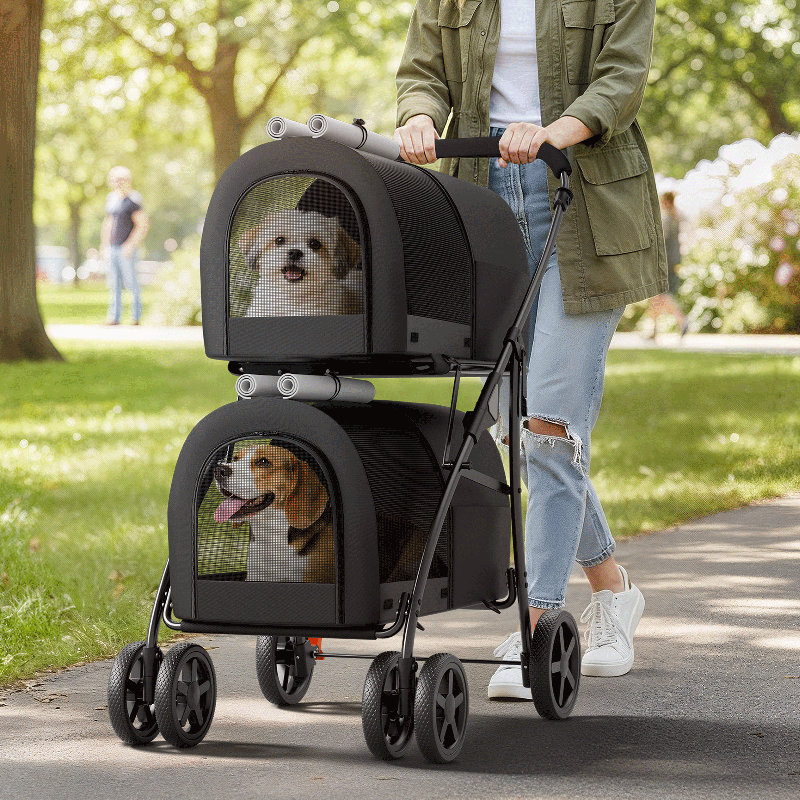 Foldable Pet Stroller with Double Detachable Carriers, Folding Dog Cat Jogger Stroller with Tether, Black/Gray