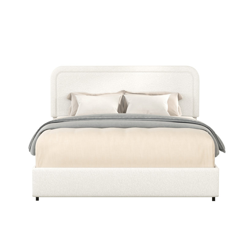 Grand lit plateforme tapissier avec rangement breveté à 4 tiroirs, tête de lit capitonnée à coutures courbées