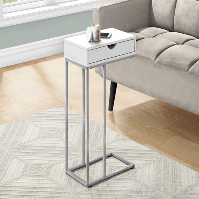 Table d'appoint latérale avec tiroir en stratifié blanc et métal gris en forme de C