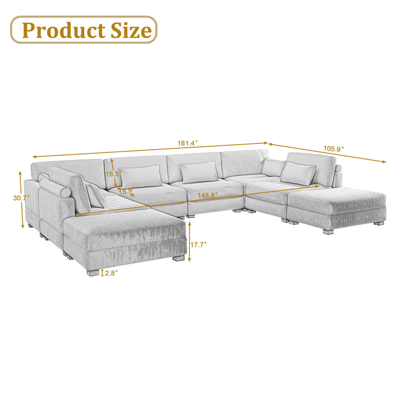 Maelina 8-Piece Corduroy Modular Sectional with 2 Ottomans, Orange Corduroy