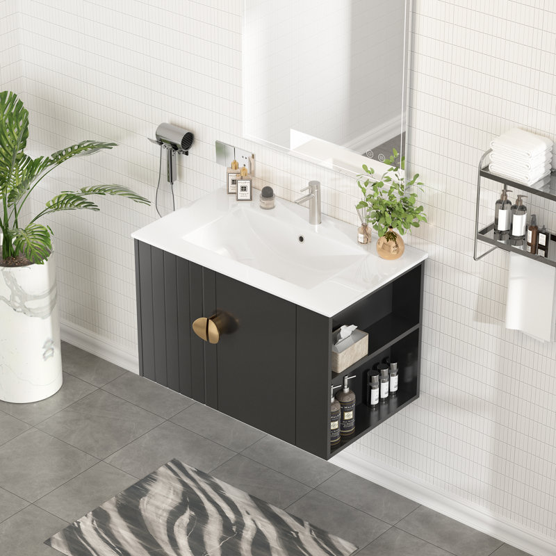 Meuble-lavabo flottant simple 30 po avec comptoir en céramique et armoire de rangement à droite, Noir
