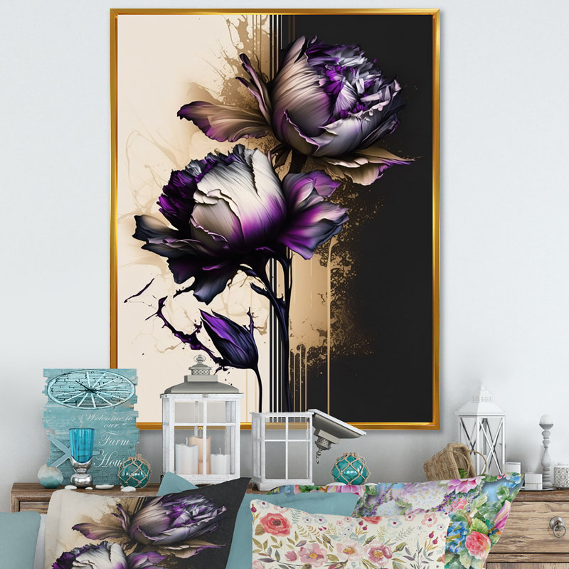 Fleur de pivoine Puple sur peinture abstraite V - Impression sur toile, H 44 po x l 34 po x P 1,5 po, Cadre flottant doré