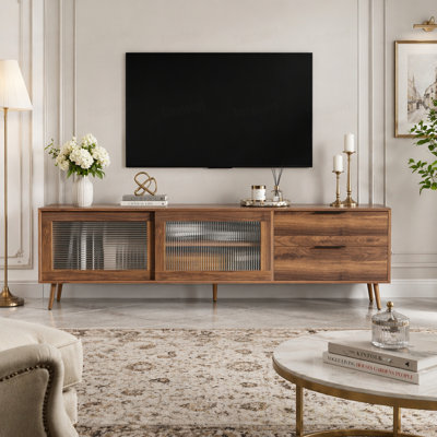 Meuble télé moderne pour téléviseur de 75 po +, console de télévision avec 2 portes en verre, centre de divertissement avec 2 tiroirs et armoire de rangement, console média 70 po, chambre