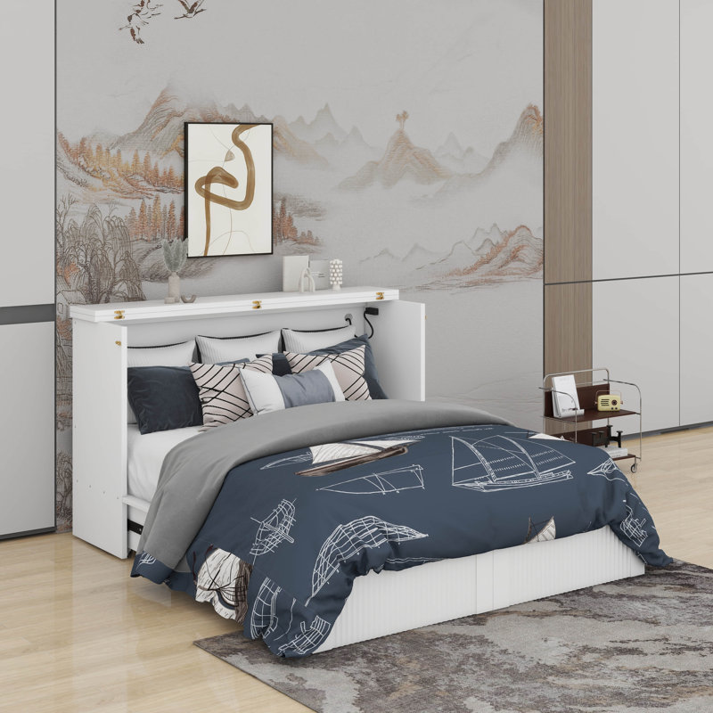 Lit escamotable avec tiroir et ensemble de prises et ports USB, structure de poulie, Blanc, Lit double
