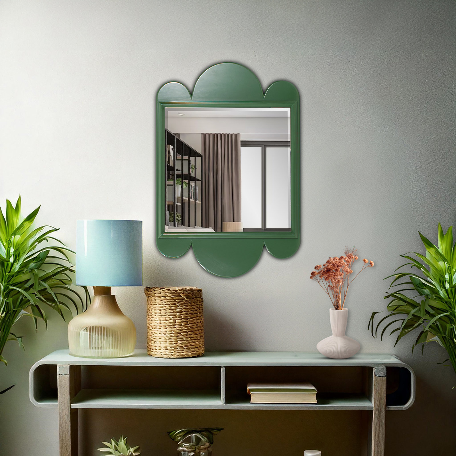 Scalloped 24" Mirror, Forest Green